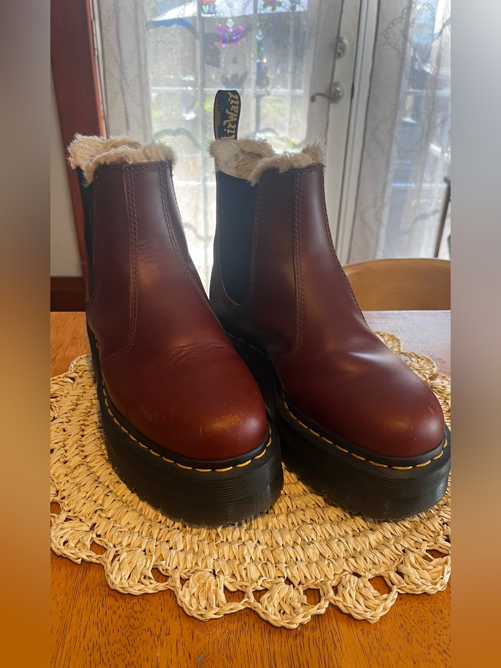 Dr. Martens Women's Brown Burgundy Leather Platform Chelsea Boots with Fur Trim